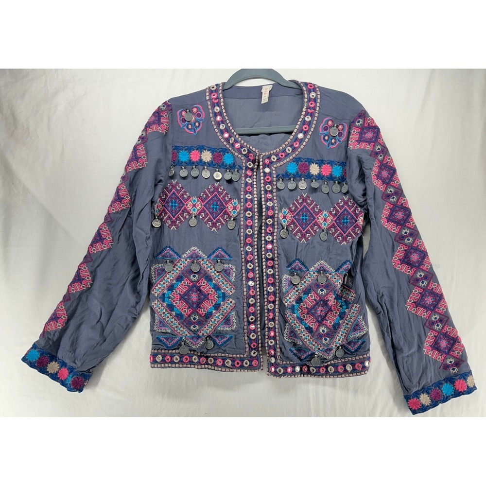 Raga Boho Embroidered Coin Jacket Gray Work Festival Bohemian Womens M